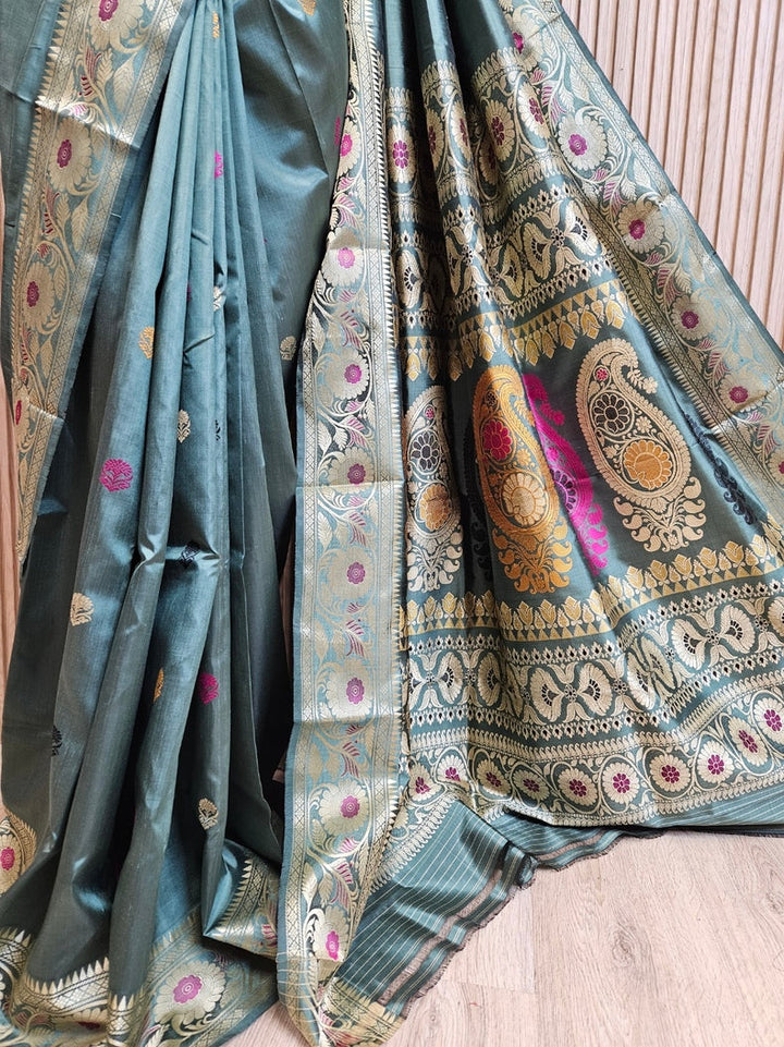 Green & Multi Color Handloom Pure Katan Revival Silk Baluchuri Saree Balaram Saha