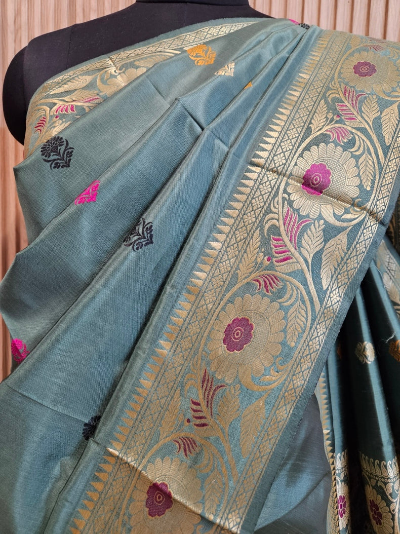 Green & Multi Color Handloom Pure Katan Revival Silk Baluchuri Saree Balaram Saha