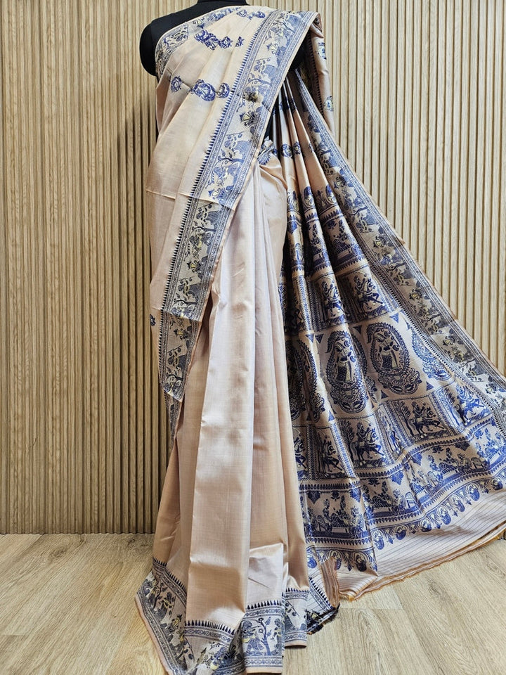 Cream & Blue Handloom Bishnupuri Katan Baluchuri Silk Saree Balaram Saha