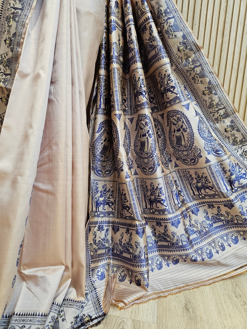 Cream & Blue Handloom Bishnupuri Katan Baluchuri Silk Saree Balaram Saha