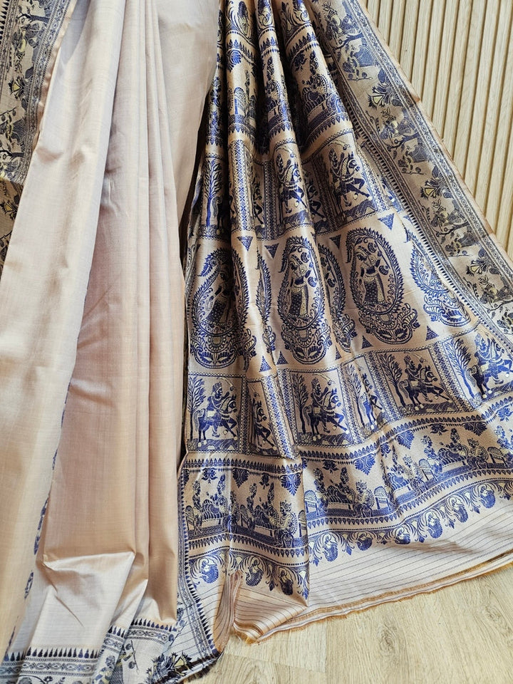 Cream & Blue Handloom Bishnupuri Katan Baluchuri Silk Saree Balaram Saha