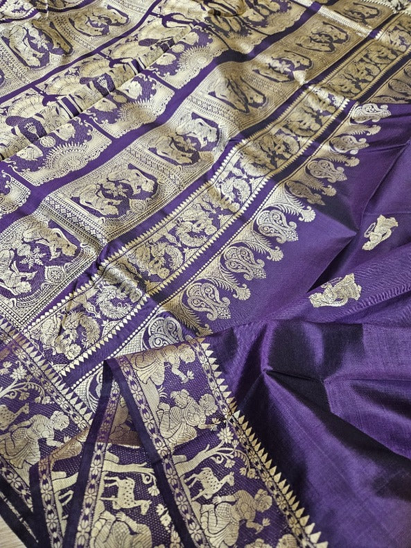 Dark Purple & Beige Handloom Pure Katan Silk Baluchuri Saree Balaram Saha