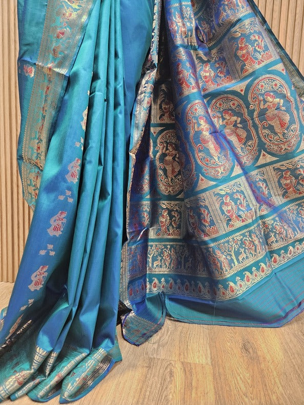 Peacock Green Handloom Pure Katan Silk Baluchuri Saree Balaram Saha