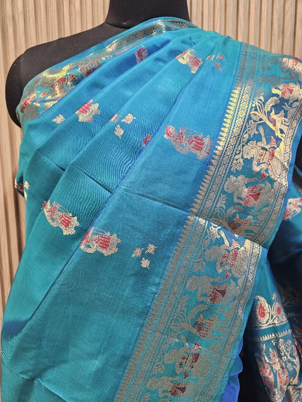 Peacock Green Handloom Pure Katan Silk Baluchuri Saree Balaram Saha