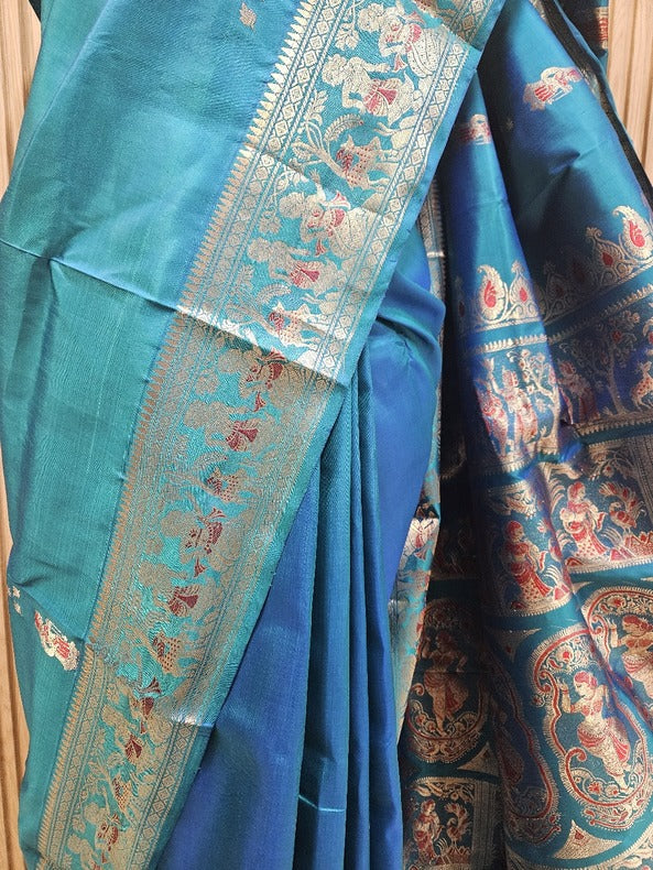 Peacock Green Handloom Pure Katan Silk Baluchuri Saree Balaram Saha