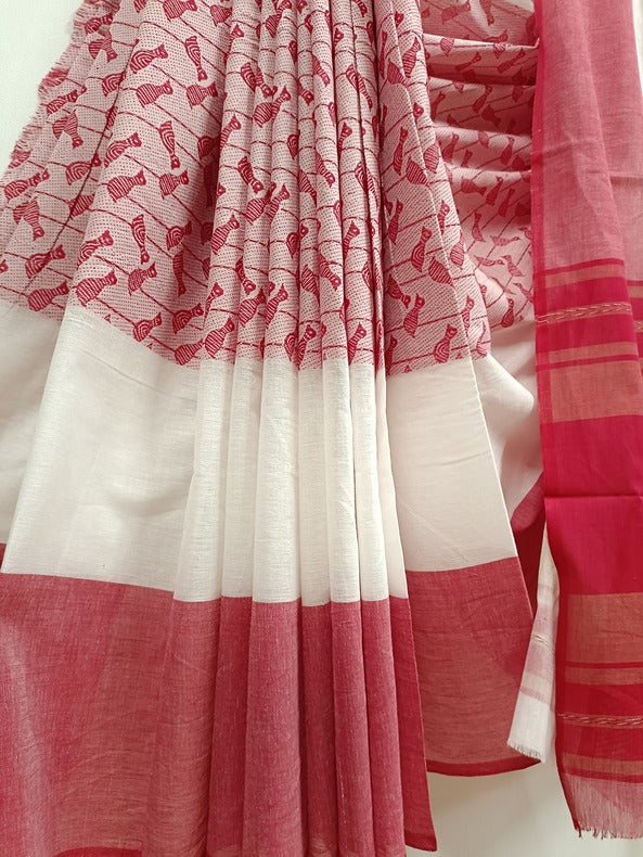 White & Red handloom Traditional Dhonekali  Cotton Saree Balaram Saha