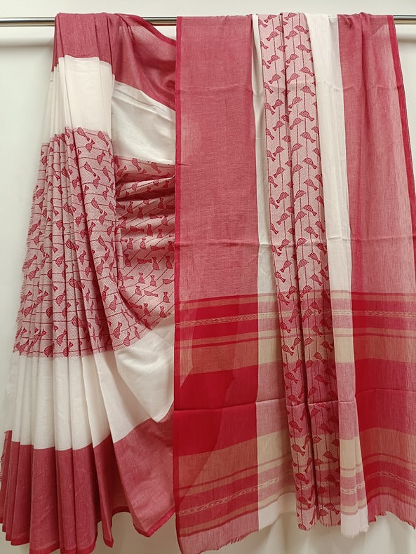 White & Red handloom Traditional Dhonekali  Cotton Saree Balaram Saha