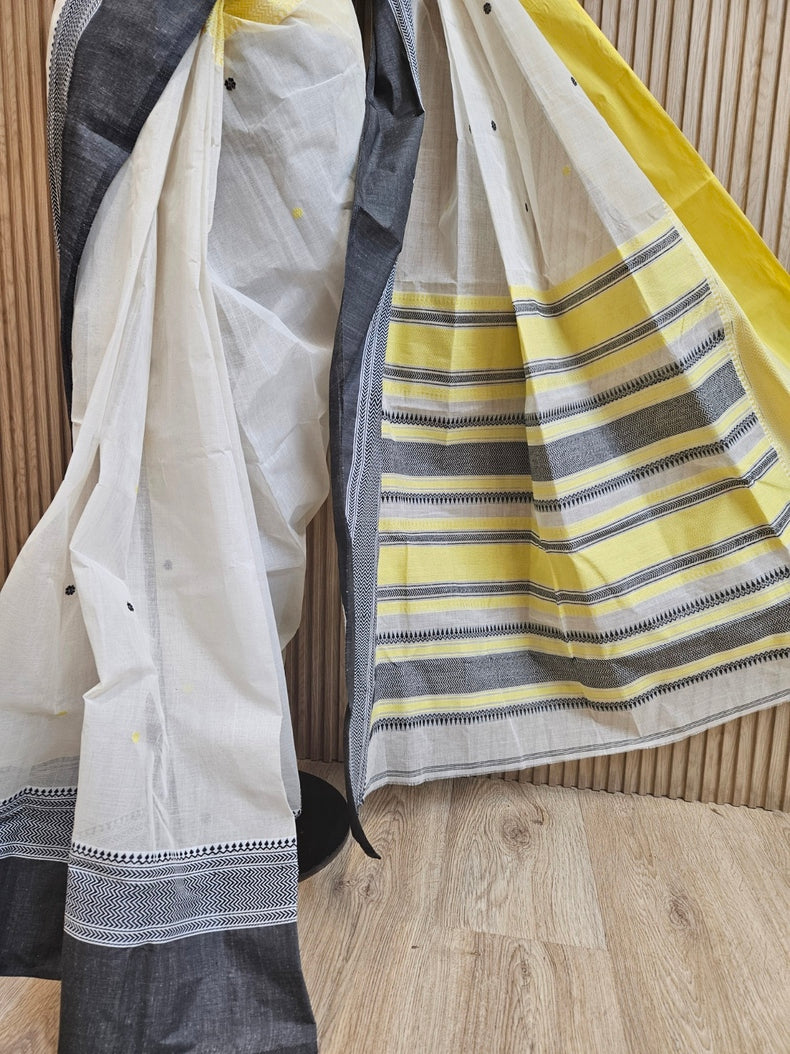 Off-White | Traditional Handloom Cotton Saree With Yellow &amp; Black Border Balaram Saha