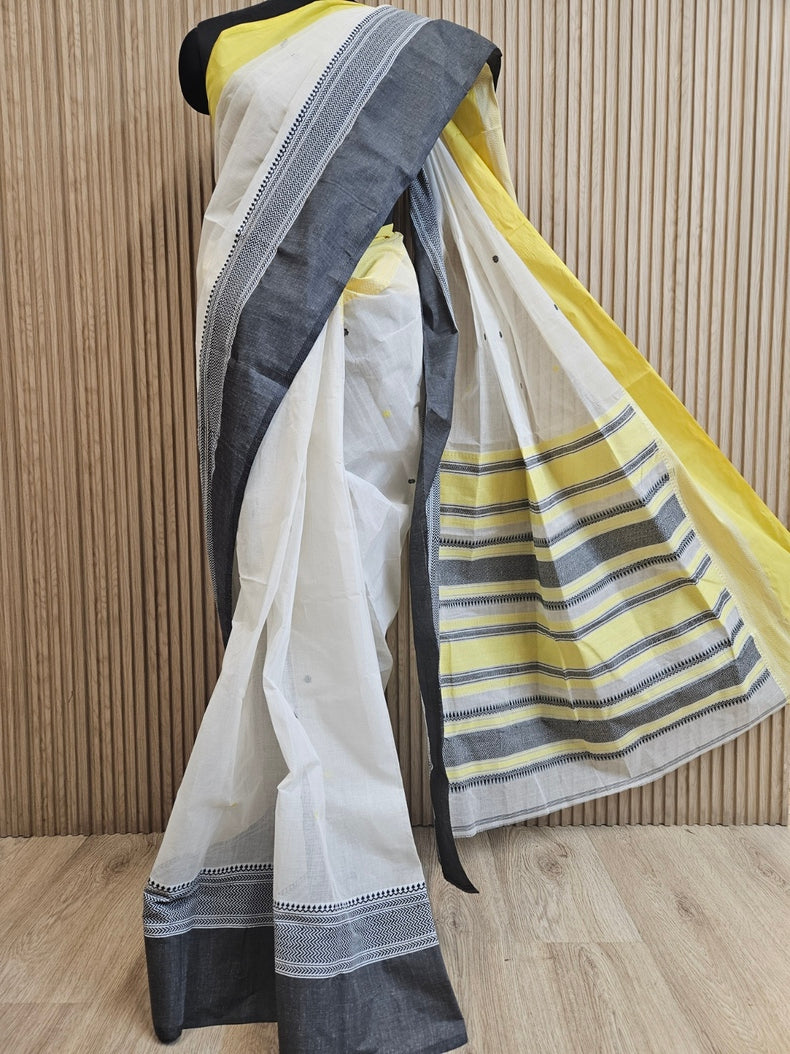 Off-White | Traditional Handloom Cotton Saree With Yellow &amp; Black Border Balaram Saha