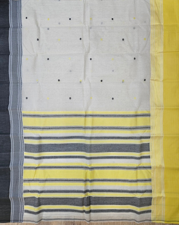 Off-White | Traditional Handloom Cotton Saree With Yellow &amp; Black Border Balaram Saha