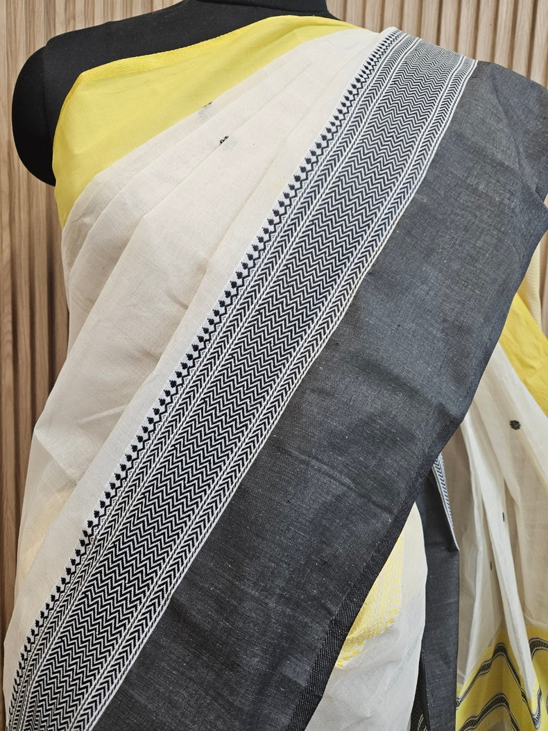 Off-White | Traditional Handloom Cotton Saree With Yellow &amp; Black Border Balaram Saha