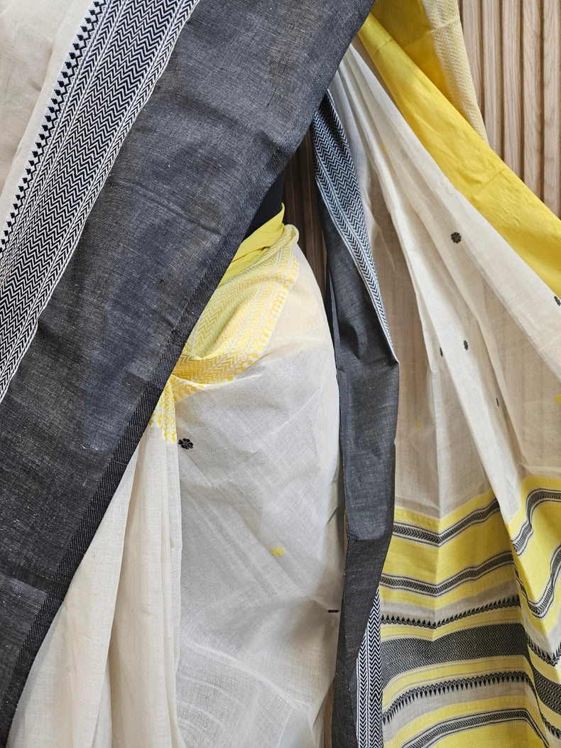 Off-White | Traditional Handloom Cotton Saree With Yellow &amp; Black Border Balaram Saha