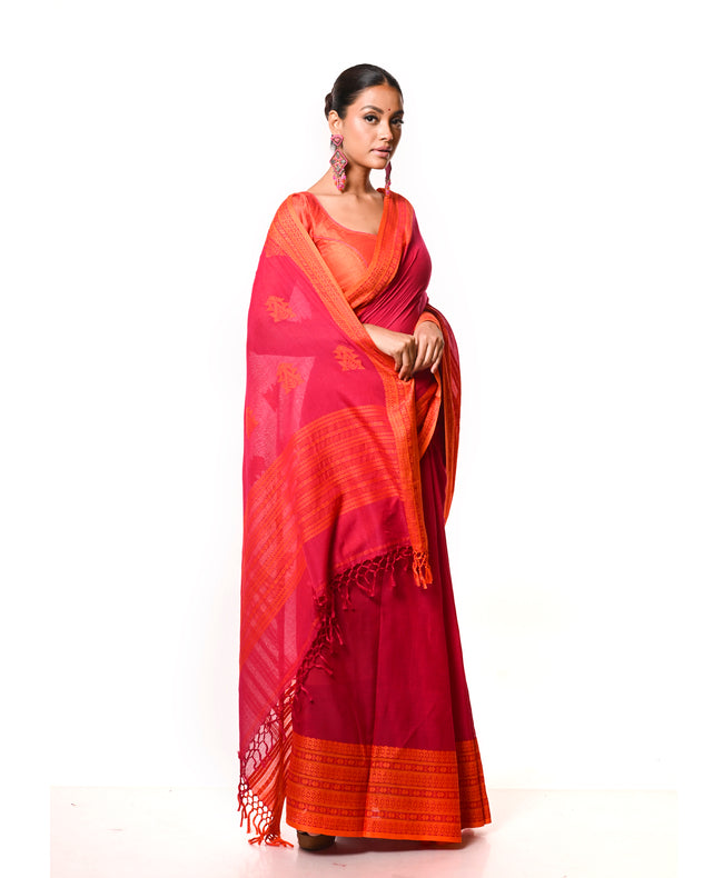 Rani-Pink & Orange Premium Quality Handloom Cooton Saree Balaram Saha