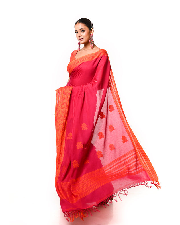 Rani-Pink & Orange Premium Quality Handloom Cooton Saree Balaram Saha