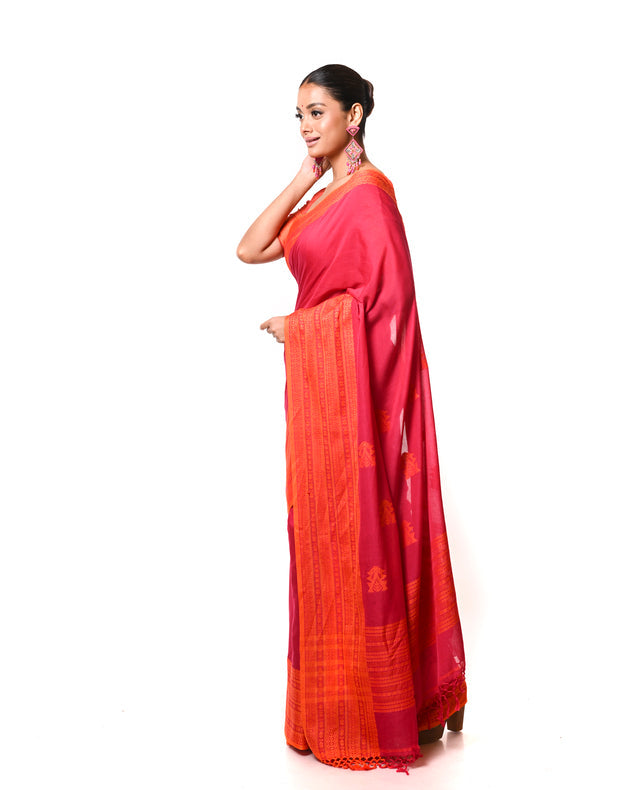 Rani-Pink & Orange Premium Quality Handloom Cooton Saree Balaram Saha