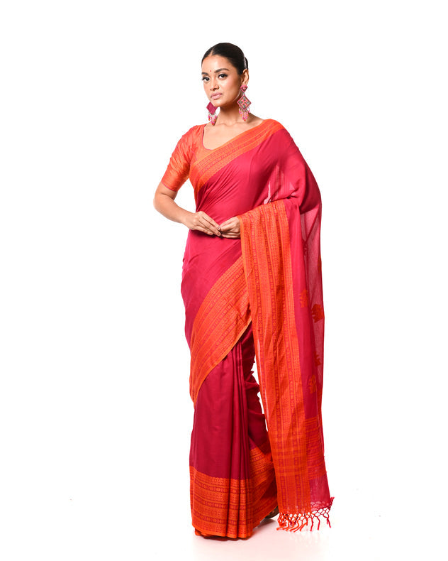 Rani-Pink & Orange Premium Quality Handloom Cooton Saree Balaram Saha