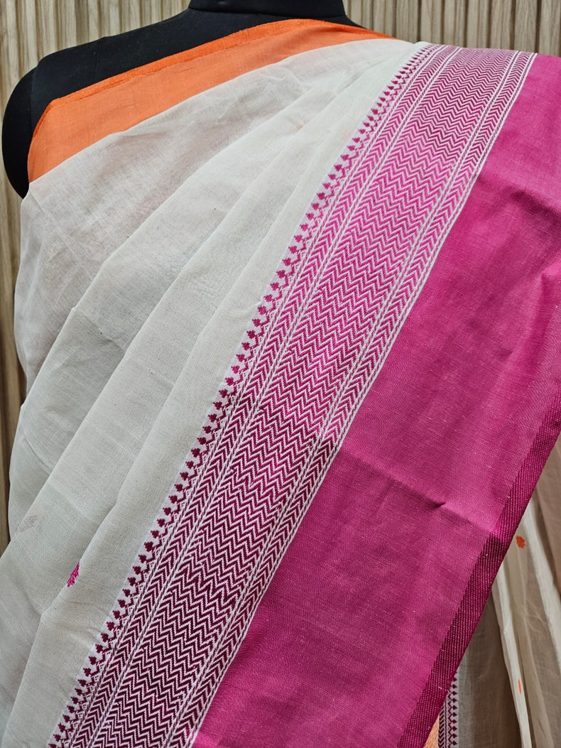 Off-White | Traditional Handloom Cotton Saree With Orange & Magenta Border Balaram Saha
