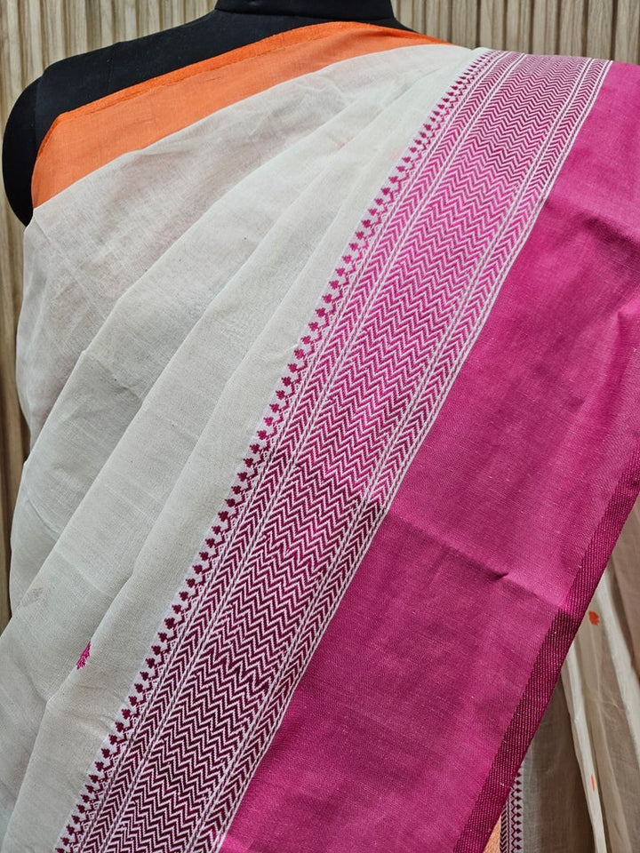 Off-White | Traditional Handloom Cotton Saree With Orange & Magenta Border Balaram Saha