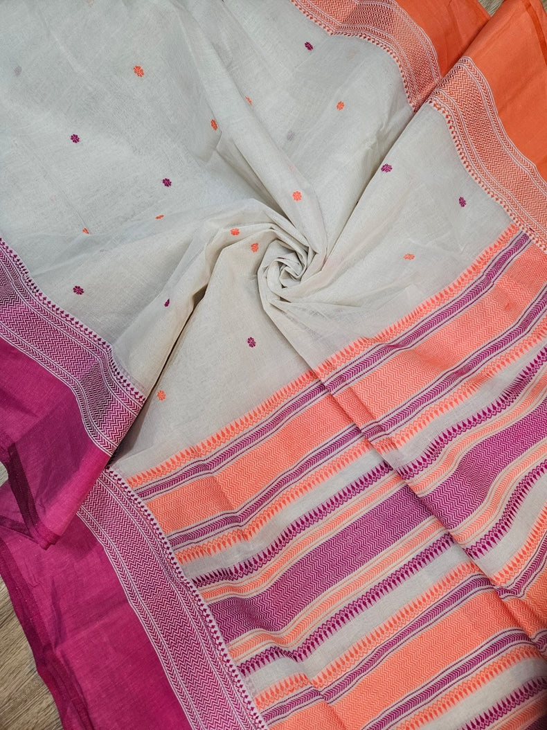 Off-White | Traditional Handloom Cotton Saree With Orange & Magenta Border Balaram Saha