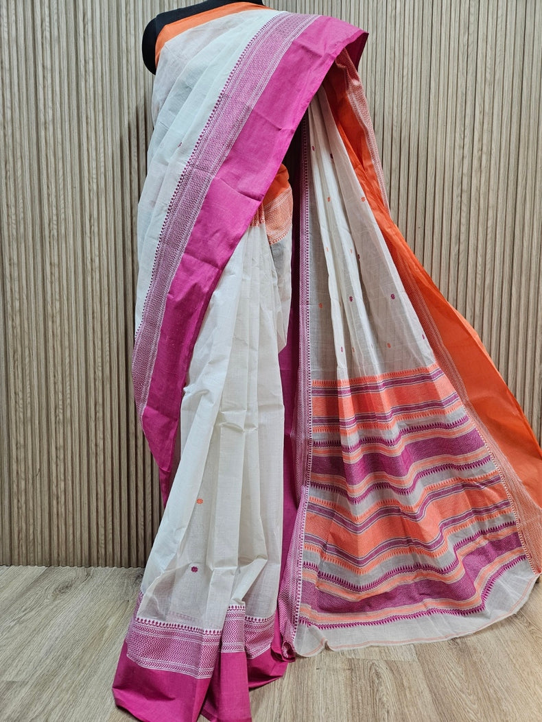 Off-White | Traditional Handloom Cotton Saree With Orange & Magenta Border Balaram Saha