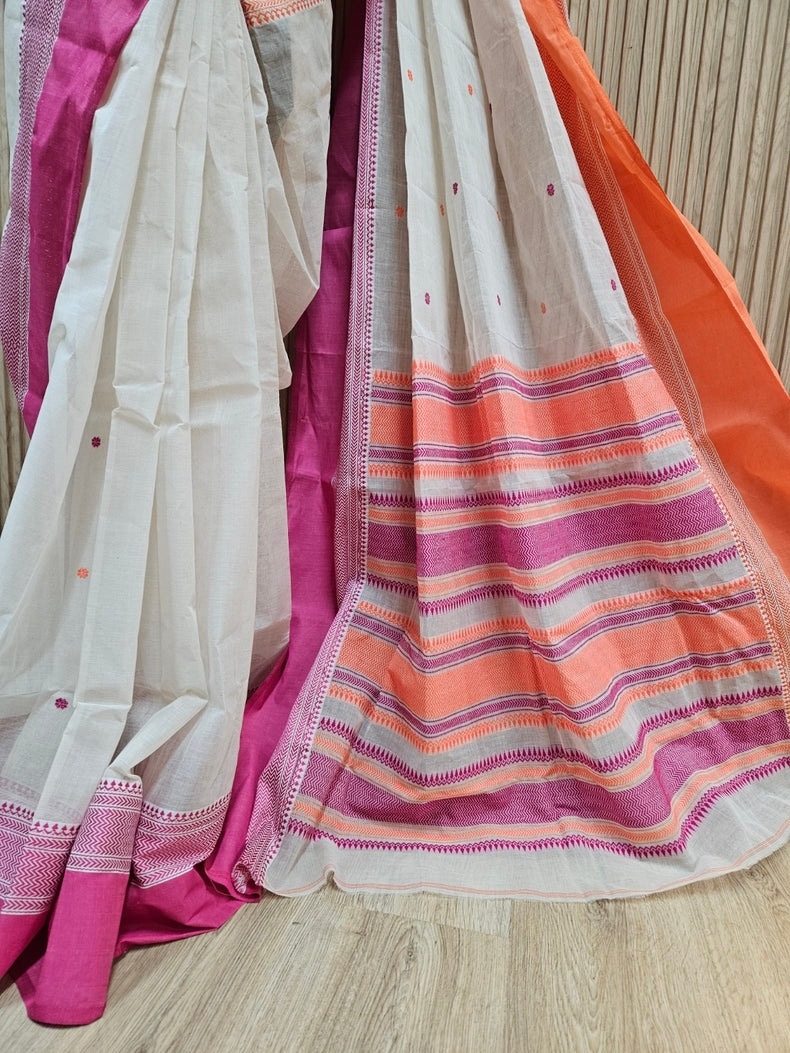 Off-White | Traditional Handloom Cotton Saree With Orange & Magenta Border Balaram Saha