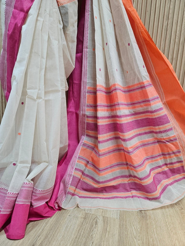 Off-White | Traditional Handloom Cotton Saree With Orange & Magenta Border Balaram Saha