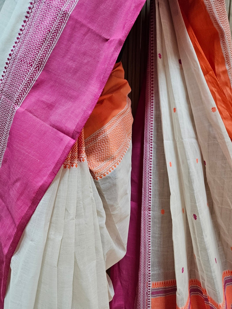 Off-White | Traditional Handloom Cotton Saree With Orange & Magenta Border Balaram Saha