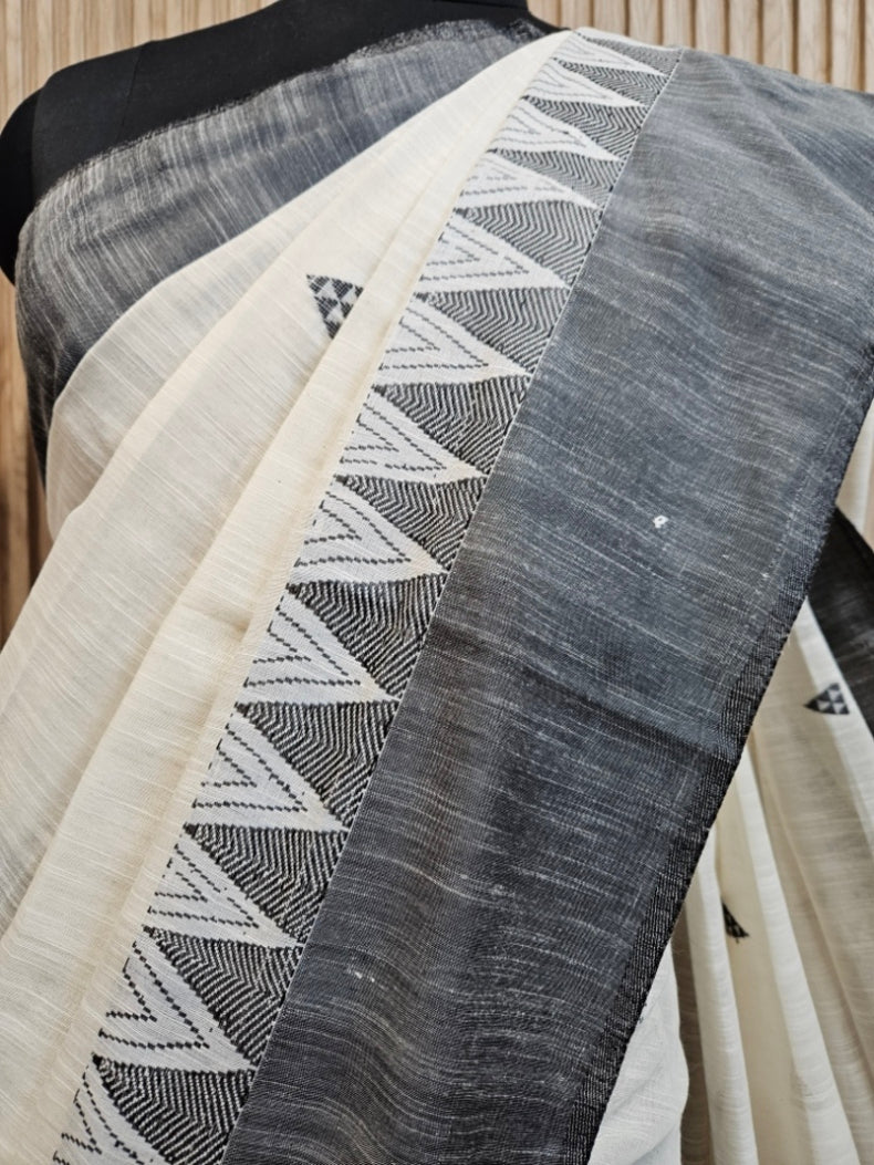 Off-White & Black Premium Handloom Cotton Saree with Temple Woven Border & Aanchal Balaram Saha