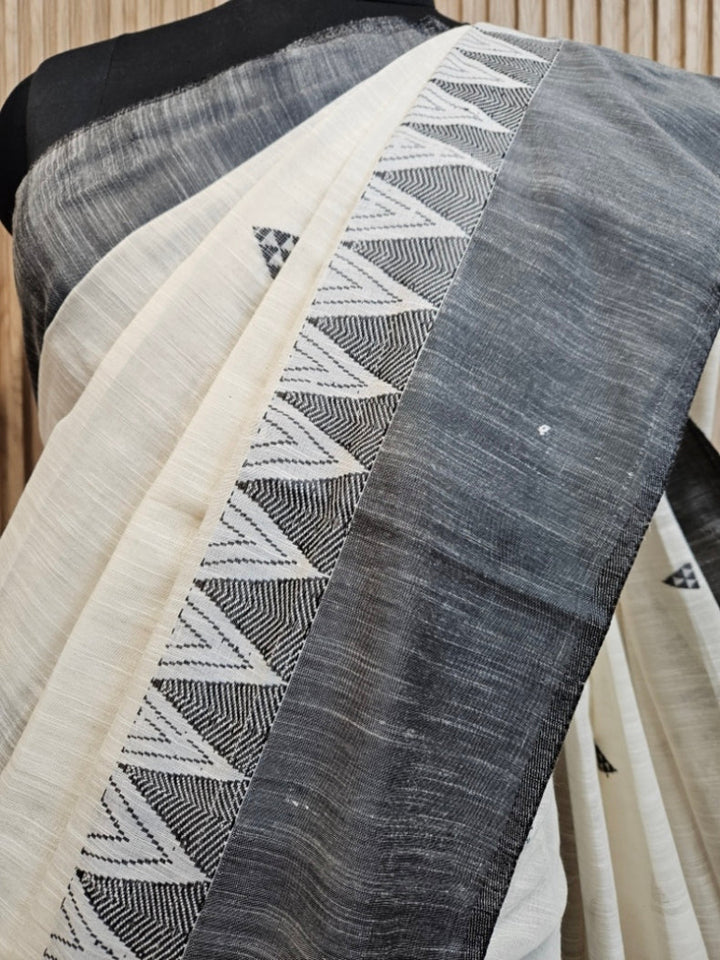 Off-White & Black Premium Handloom Cotton Saree with Temple Woven Border & Aanchal Balaram Saha