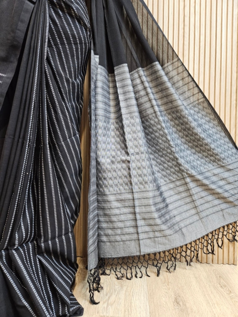 Black & White Soft Handloom Cotton Patli Pallu Saree with White Geometric Woven Balaram Saha