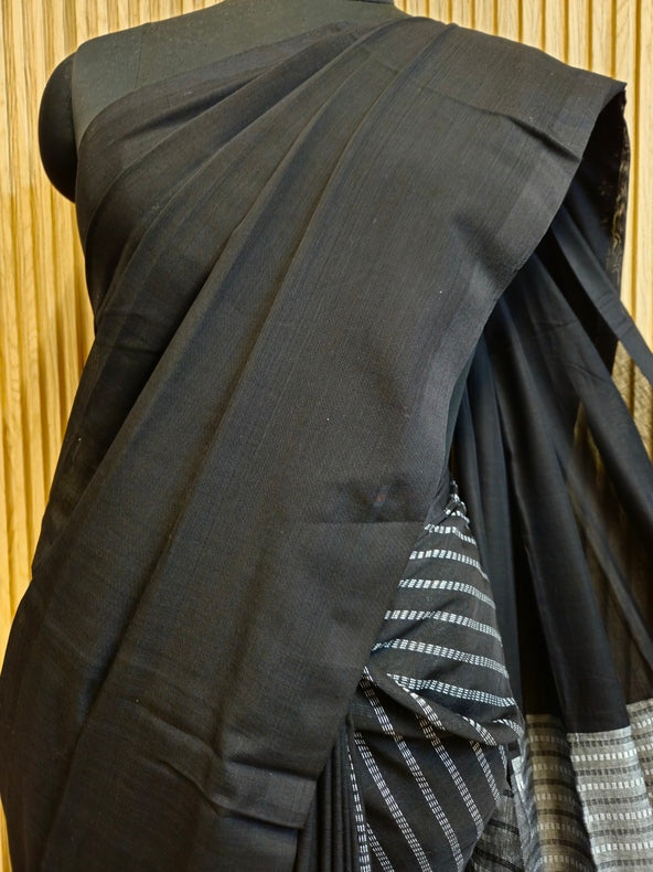 Black & White Soft Handloom Cotton Patli Pallu Saree with White Geometric Woven Balaram Saha