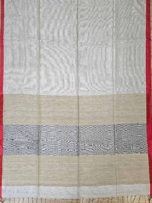 Off-White & Red Premium Handloom Cotton Saree with Black Woven Stripes Balaram Saha