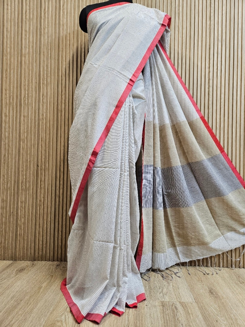 Off-White & Red Premium Handloom Cotton Saree with Black Woven Stripes Balaram Saha