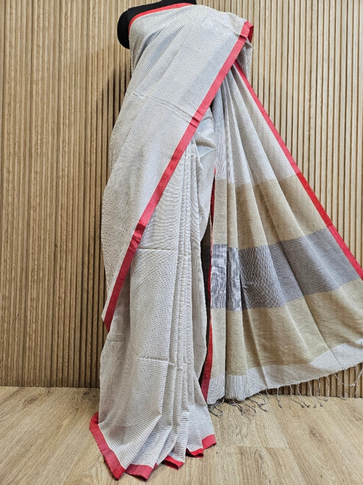 Off-White & Red Premium Handloom Cotton Saree with Black Woven Stripes Balaram Saha