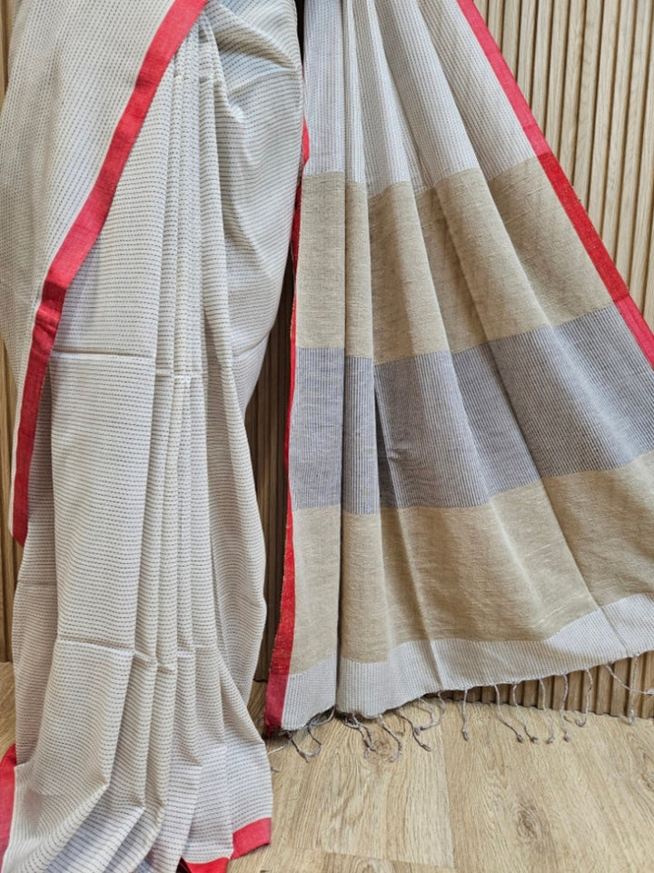 Off-White & Red Premium Handloom Cotton Saree with Black Woven Stripes Balaram Saha