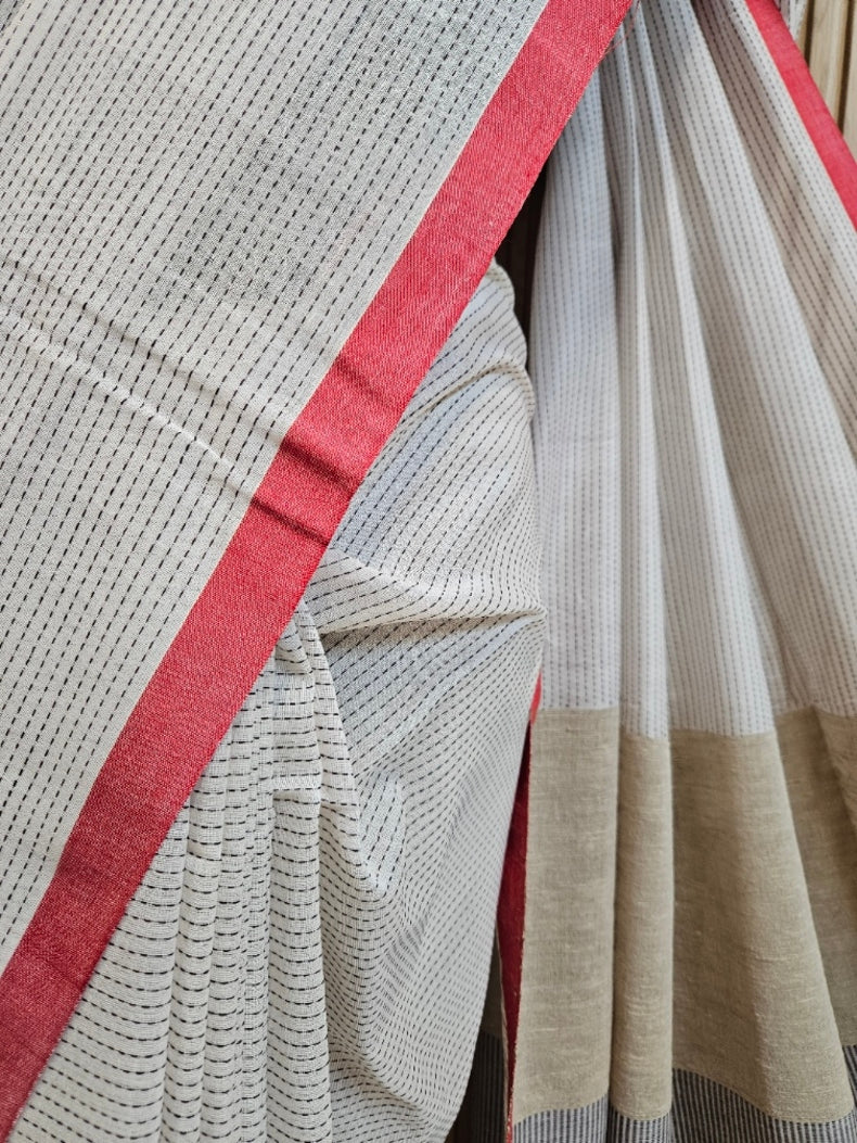 Off-White & Red Premium Handloom Cotton Saree with Black Woven Stripes Balaram Saha