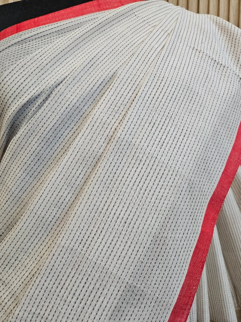 Off-White & Red Premium Handloom Cotton Saree with Black Woven Stripes Balaram Saha