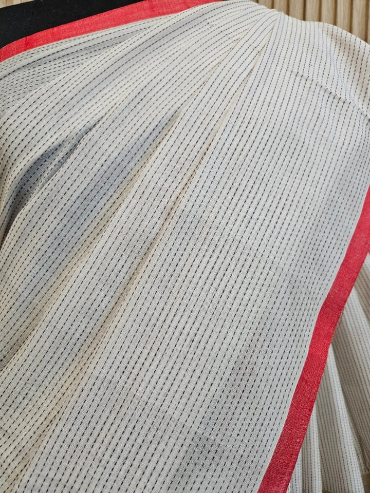 Off-White & Red Premium Handloom Cotton Saree with Black Woven Stripes Balaram Saha