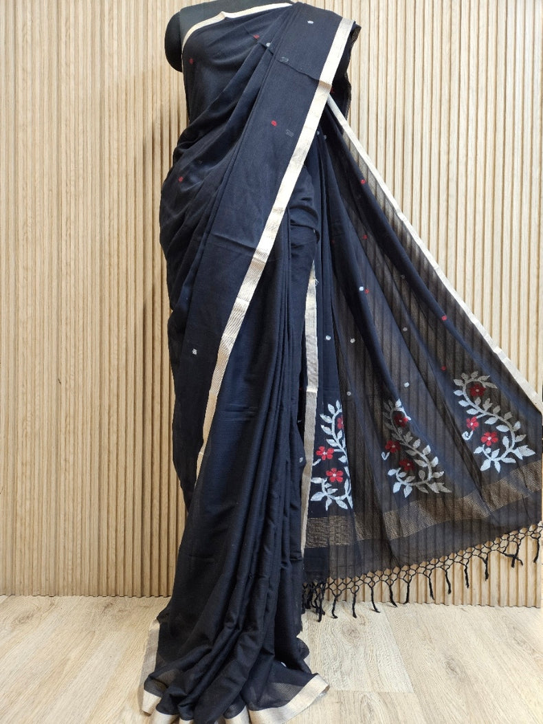 Black Handloom Traditional Cotton Handwoven Jamdani Saree Balaram Saha