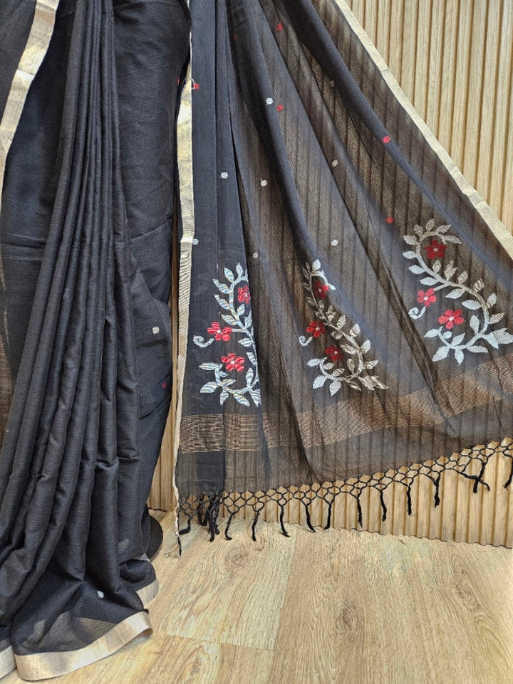Black Handloom Traditional Cotton Handwoven Jamdani Saree Balaram Saha