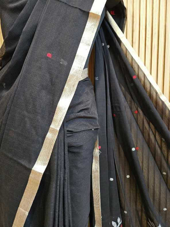 Black Handloom Traditional Cotton Handwoven Jamdani Saree Balaram Saha