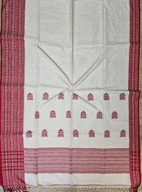 Off-White Red Premium Quality Handloom Cooton Saree Balaram Saha