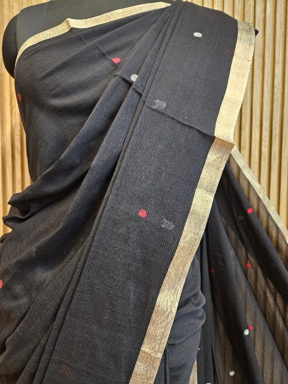 Black Handloom Traditional Cotton Handwoven Jamdani Saree Balaram Saha