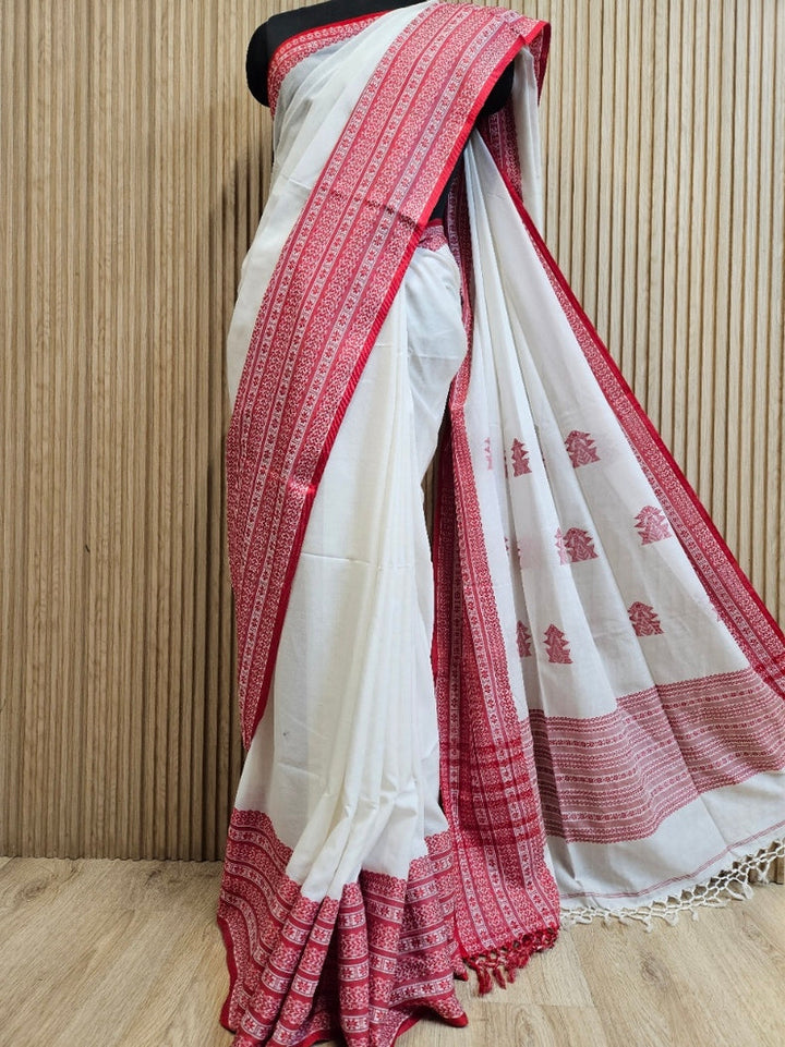 Off-White Red Premium Quality Handloom Cooton Saree Balaram Saha