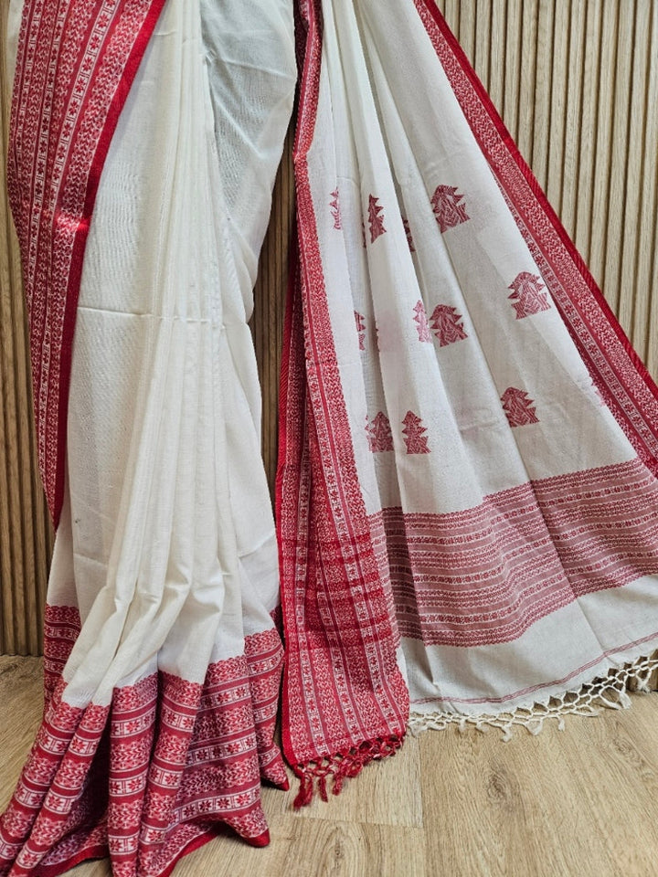 Off-White Red Premium Quality Handloom Cooton Saree Balaram Saha