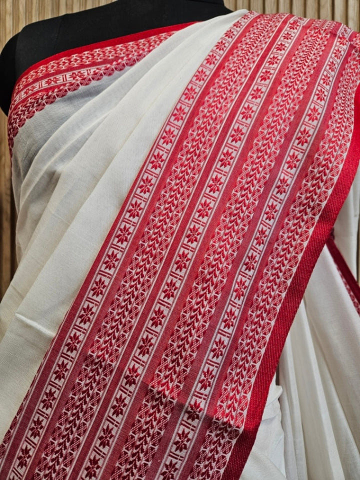 Off-White Red Premium Quality Handloom Cooton Saree Balaram Saha