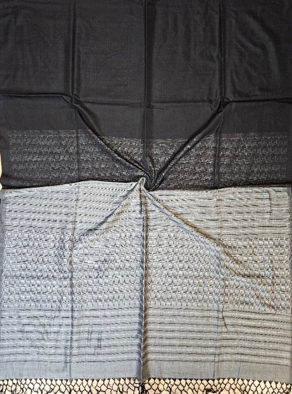 Black & White Soft Handloom Cotton Patli Pallu Saree with White Geometric Woven Balaram Saha