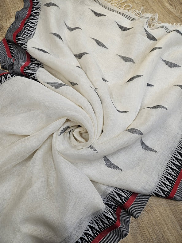 White & Black Premium Handloom Linen Saree with Woven Border