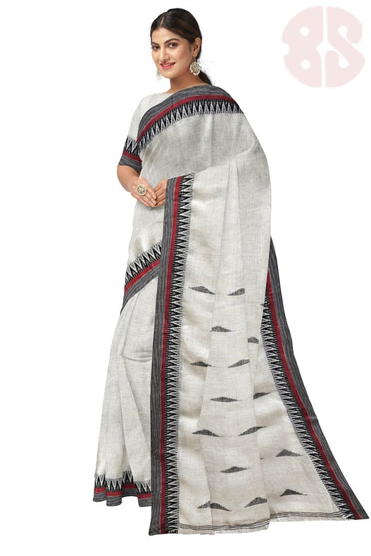 White & Black Premium Handloom Linen Saree with Woven Border