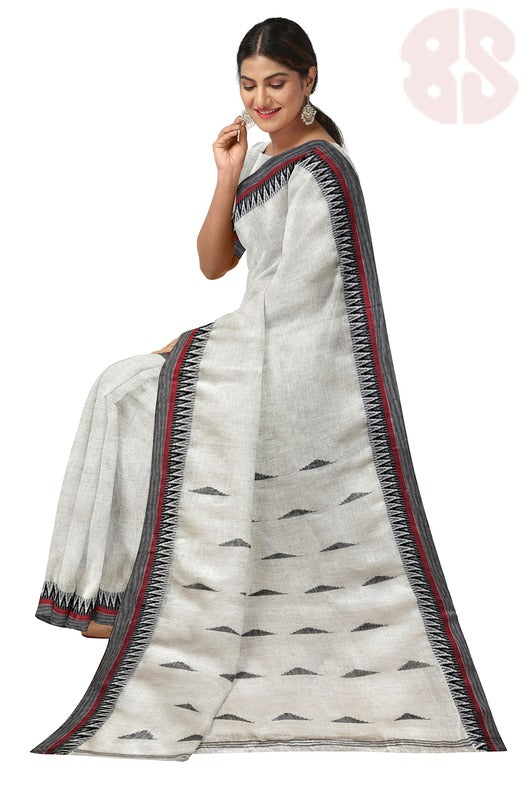 White & Black Premium Handloom Linen Saree with Woven Border